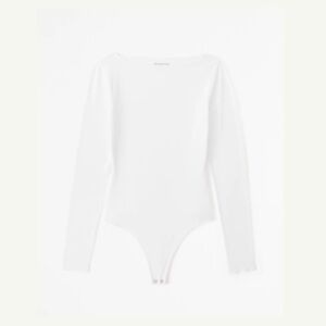 White Long-Sleeve Cotton-Modal Slash Bodysuit
